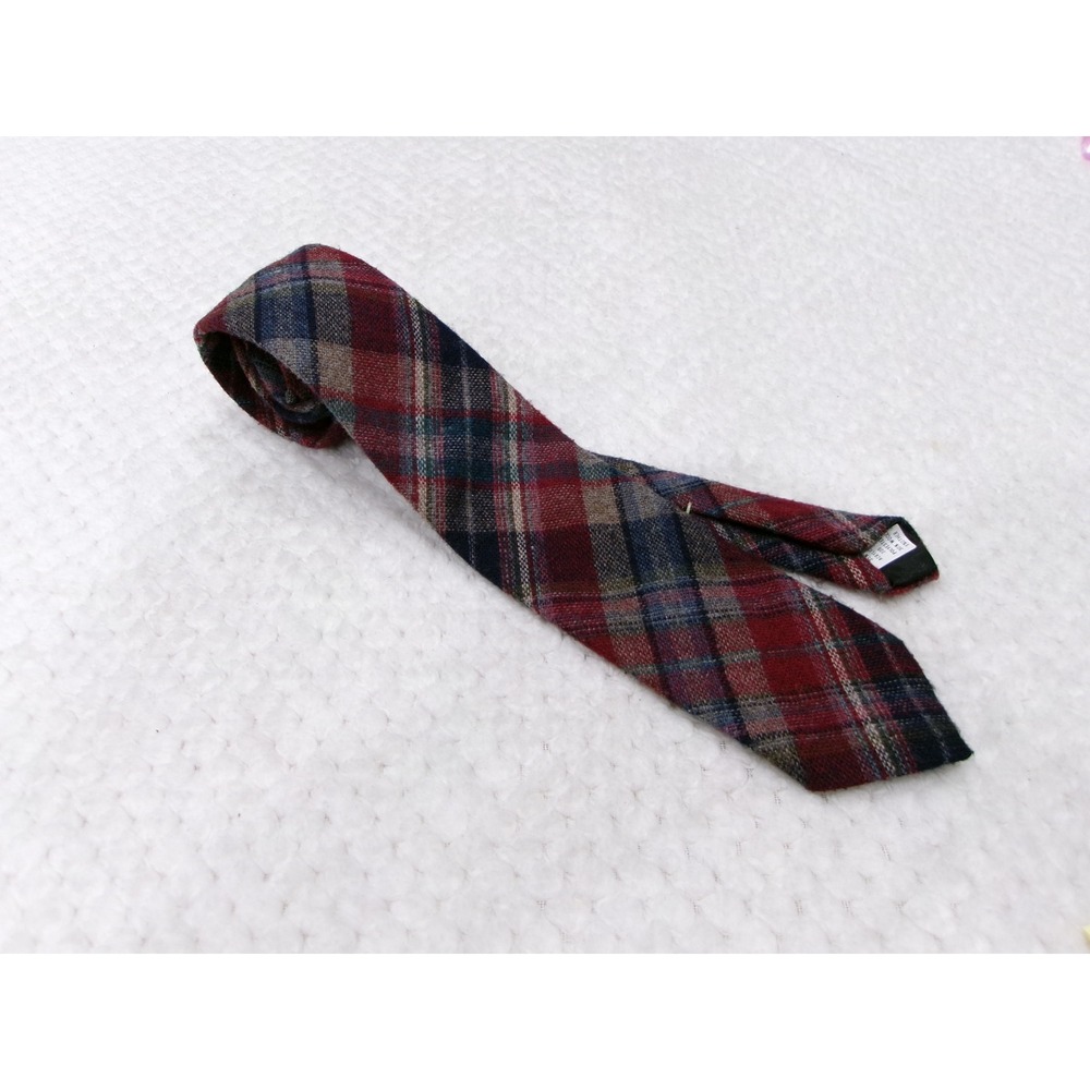 Woolcrofter Mens 3"x56" Necktie Red Blue Plaid Wool Blend Vintage Made in USA